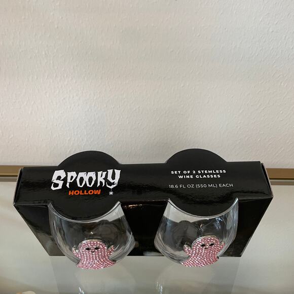 2pc Halloween GHOST Pink Crystal Rhinestone Stemless Wine Glass Set New - Picture 4 of 10